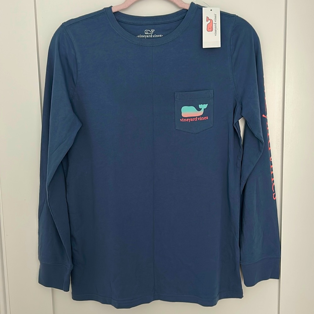Vineyard Vines Blue Long Sleeve Tee Shirt Logo Sunset Whale Pocket XS indigo new
